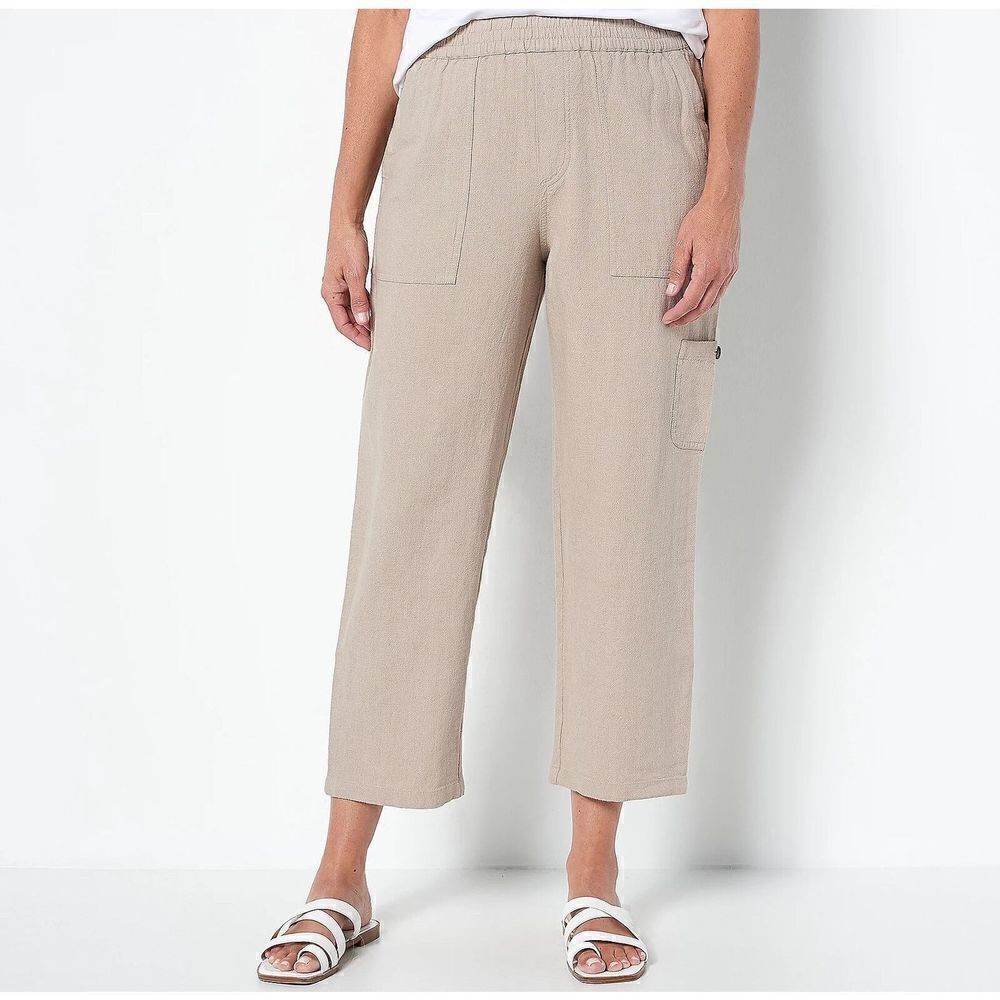 876 Susan Graver Regular Pure Easy Linen Utility Crop Pant FLAX XS petite